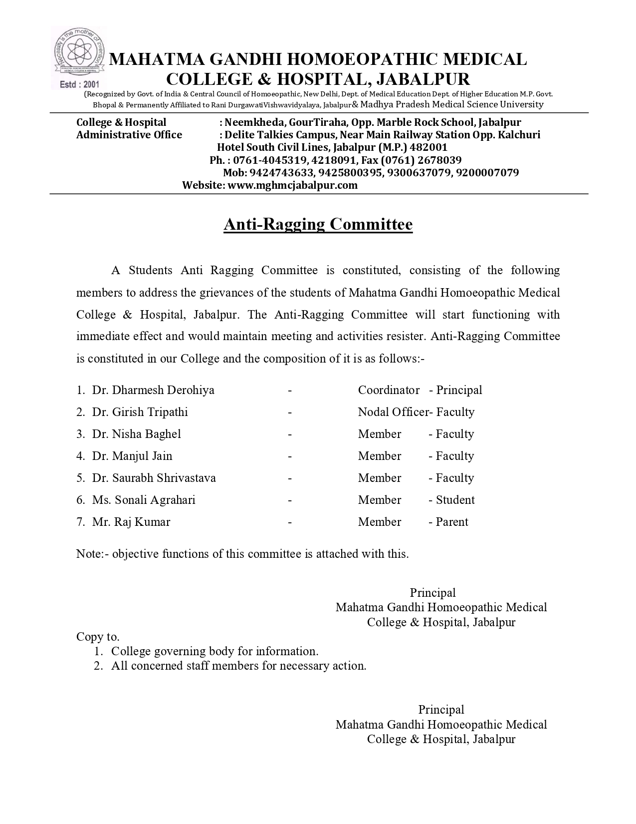 Mahatma Gandhi Homoeopathic Medical College & Hospital Anti-Ragging Committee