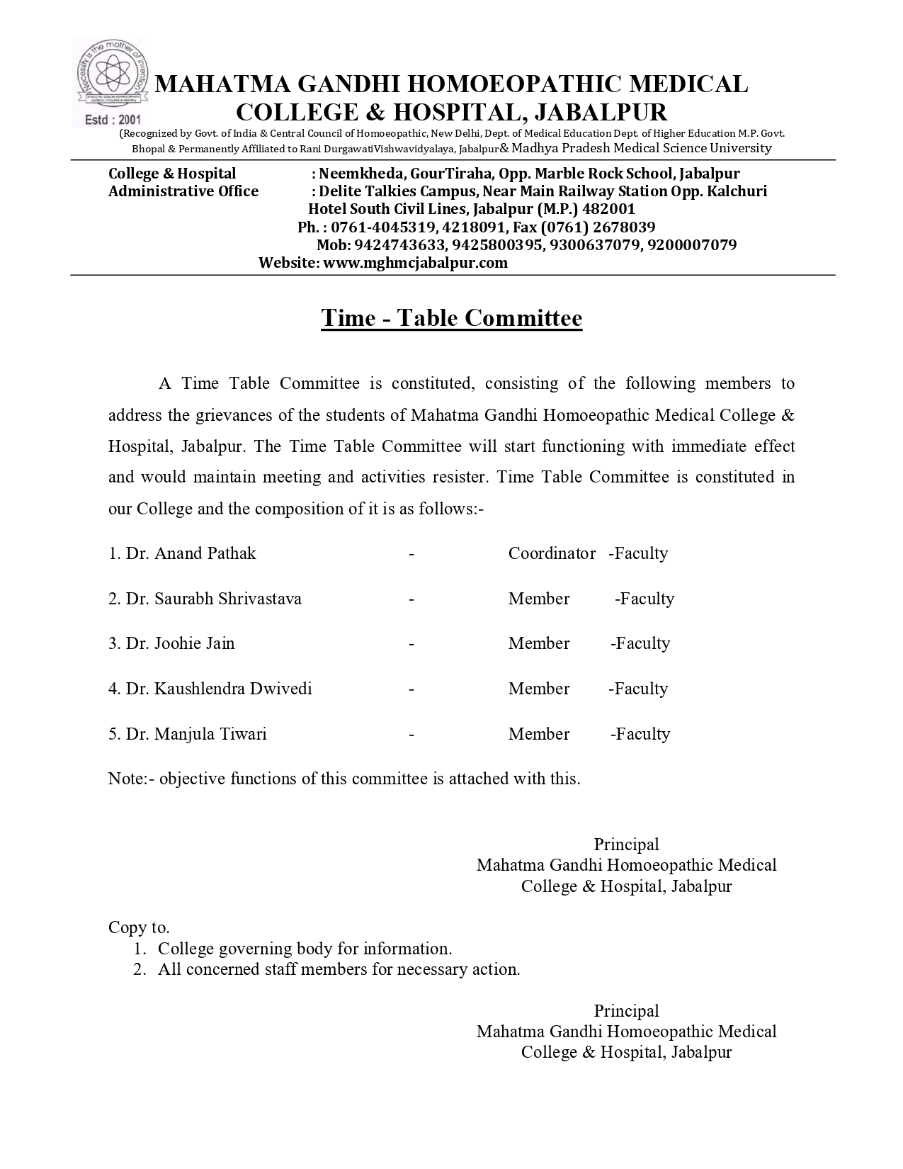 Mahatma Gandhi Homoeopathic Medical College & Hospital Time-Table Committee