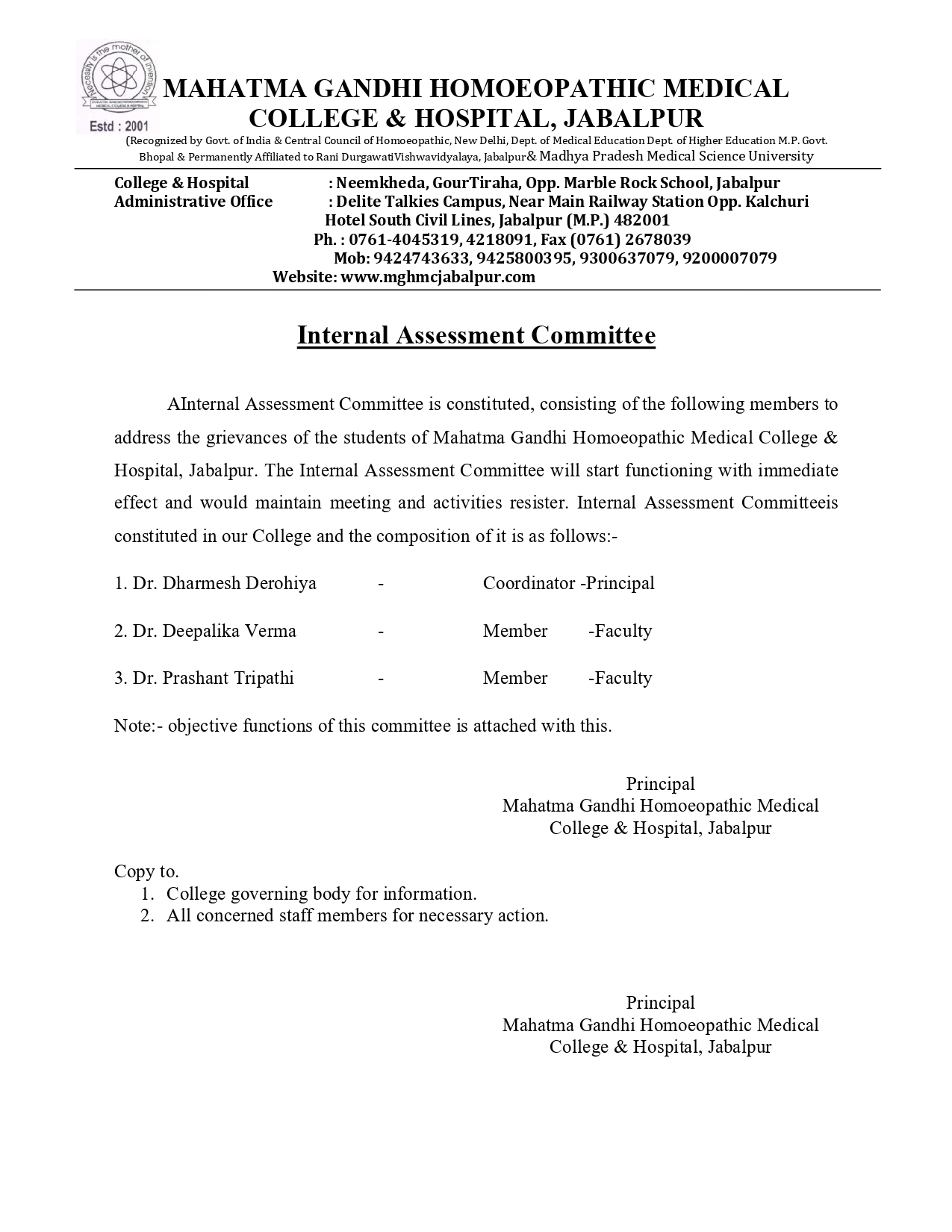 Mahatma Gandhi Homoeopathic Medical College & Hospital Internal Assessment Committee