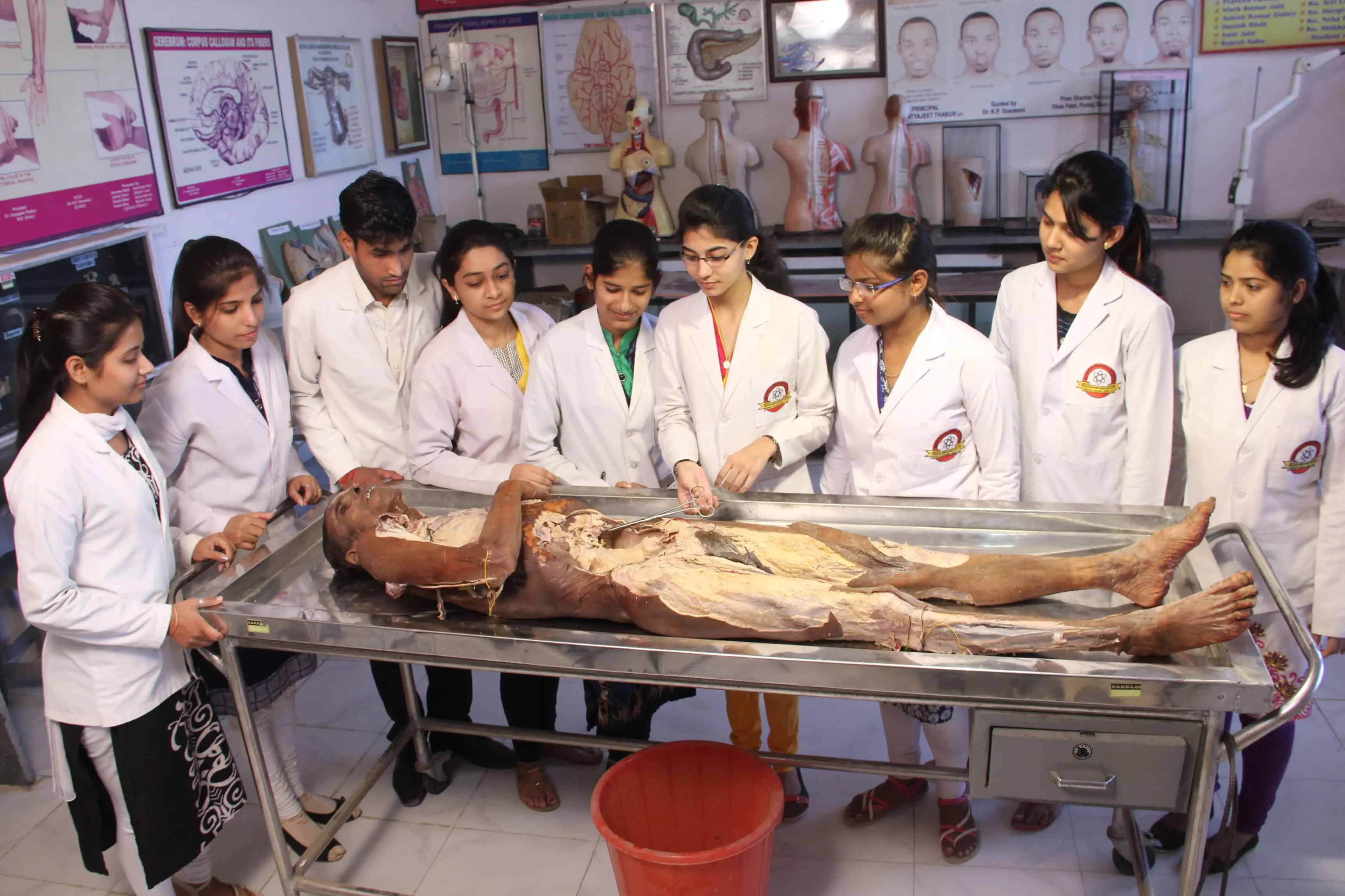 Students performing surgery on a human body.